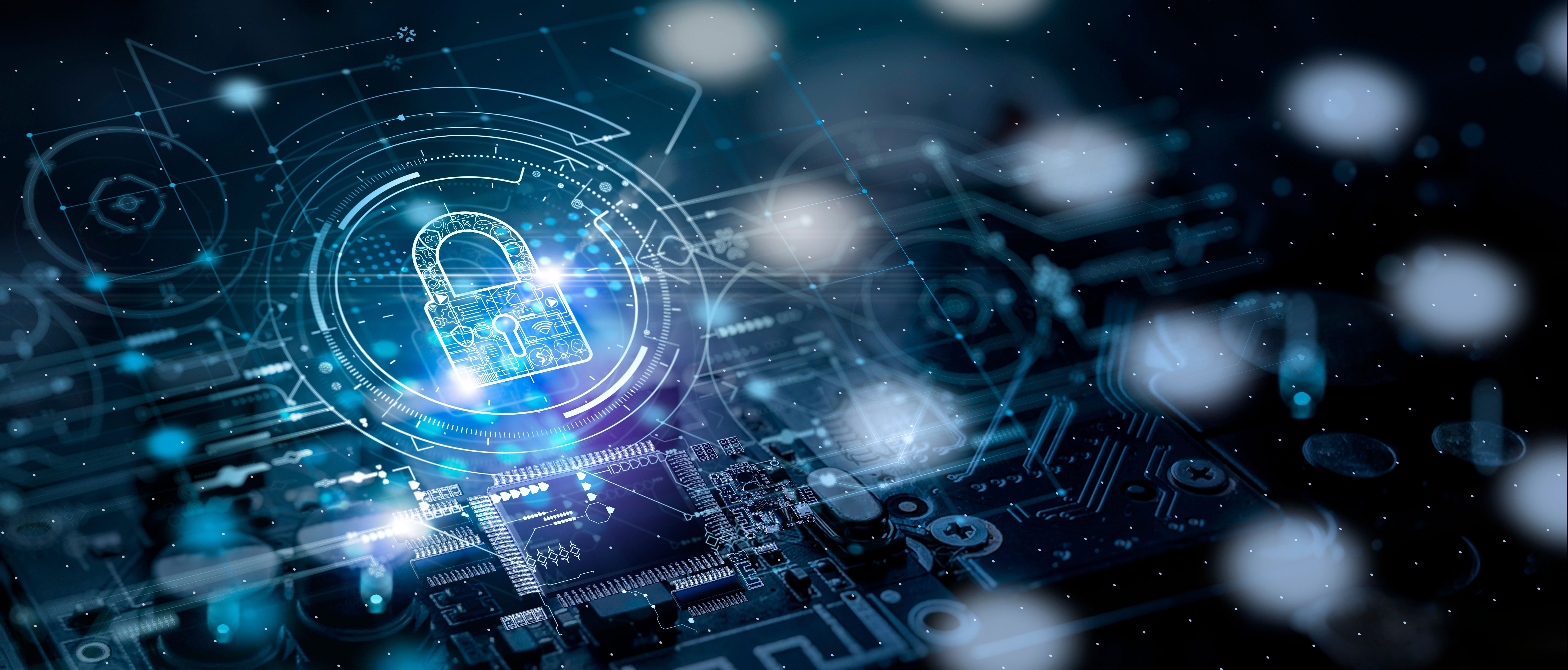 Digital cybersecurity concept image: glowing lock icon over circuit board and network lines.